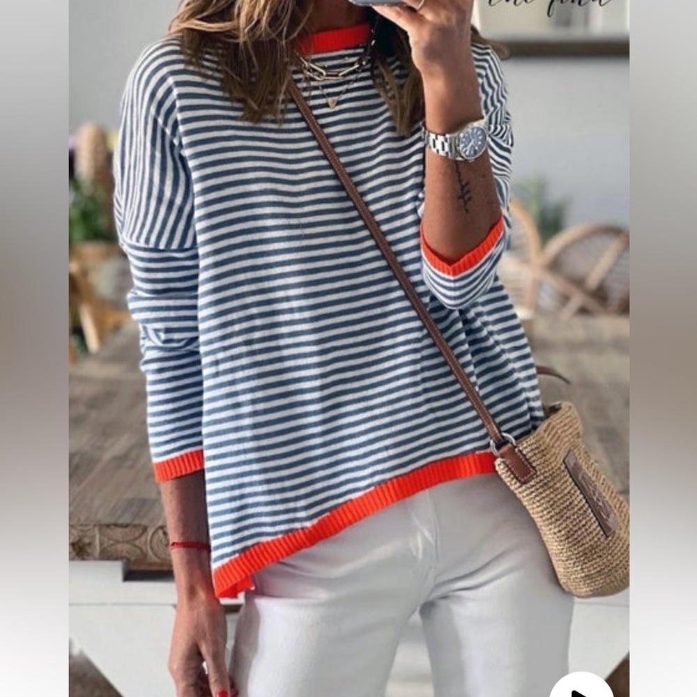 Striped Navy and White Sweater with Orange Accents